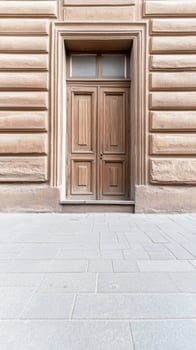 Timeless Wooden Door in a Classical Stone Facade An Architectural Study of Urban Heritage and Elegant Design, Featuring Detailed Textures and a Paved Pathway photo