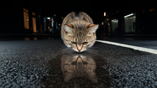 Cat exploring a dark urban street at night, reflecting in a puddle on the asphalt surface photo