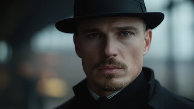 Elegant man wearing a black suit and hat gazes intensely in a dimly lit urban environment at twilight photo
