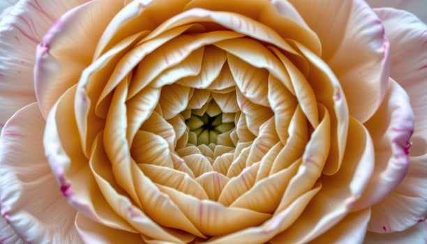 close up view of a ranunculus bloom with layer upon layer of thin, paper like petals forming a perfect spiral. photo