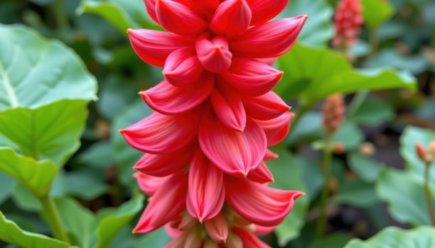 close up view of a torch ginger flower with large red petals spiraling into a towering cone. photo
