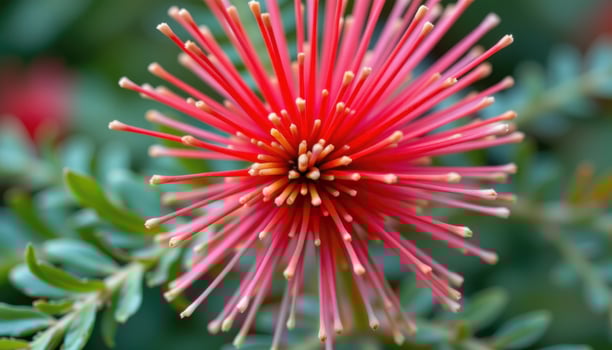 close up view of a bottlebrush flower with long red filaments spreading out in a cylindrical shape. photo