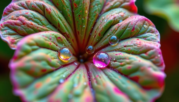 close up view of a single nasturtium leaf with water beads resting in its center like jewels. photo