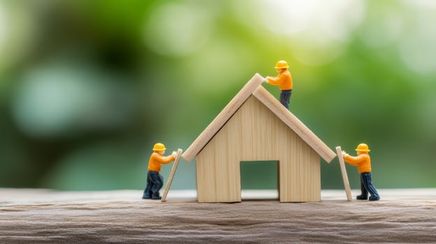 Miniature builders assembling a wooden house model outdoors in a natural setting with a blurred green background photo