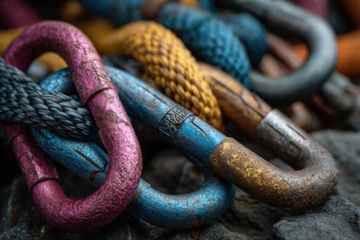 Colorful rope and chain links on a rock photo