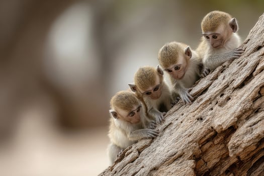 A group of monkeys climbing on a tree trunk photo