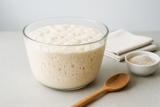 Active Sourdough Starter In Glass Bowl With Spoon And Flour On Light Background For Artisan Baking And Homemade Bread Visuals. Concept Of Natural Fermentation, Home Baking Culture, Slow Food Movement photo