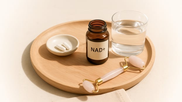 NAD Supplement Bottle With Capsules, Glass Of Water And Face Roller On Wooden Tray For Anti-Aging And Wellness Visuals. Concept Of Cellular Health, Daily Self-Care, Longevity Support, And Nutrition photo