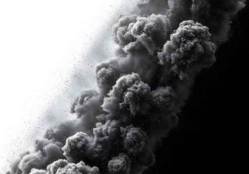 Dark grey smoke clouds against white background photo