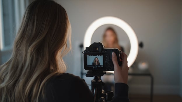 Female vlogger filming a with a professional camera photo