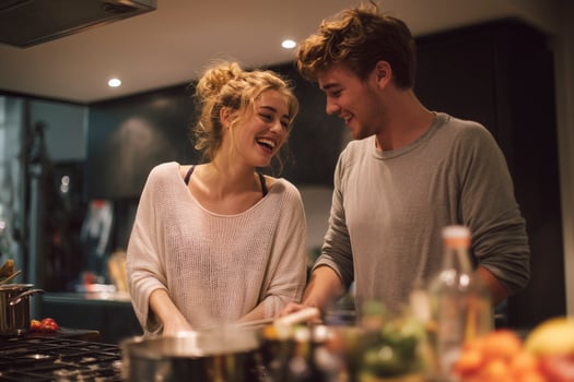 Happy young couple laughing while cooking in the kitchen photo