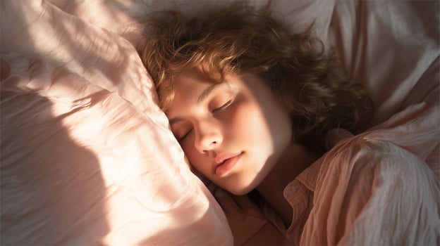 Young woman with curly hair resting in bed in the morning photo