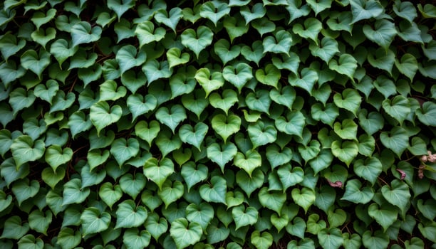 close up view of dense ivy leaves covering a shaded wall in thick tangled layers. photo