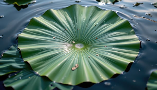 close up view of a massive lotus leaf gently floating on still water, with radiating veins stretching from the center like a sunburst. photo