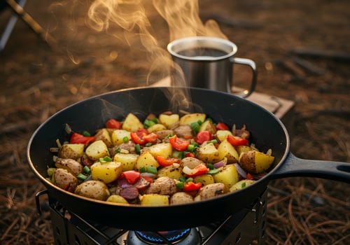 Outdoor breakfast cooking skillet photo