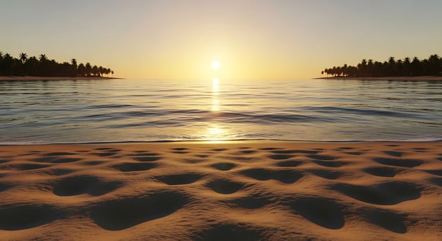 Golden Hour Serenity on a Tropical Beach Horizon with Palm Trees and Gentle Waves photo