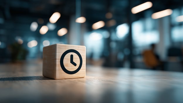 Time Icon on Wooden Cube Representing Time Management, Scheduling and Productivity in a Blurred Office Environment, Business Wooden Cube photo