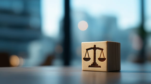 Justice Scale Icon on Wooden Cube in Blurred Office Background Representing Business Ethics, Law, Fairness and Corporate Responsibility, Business Wooden Cube photo