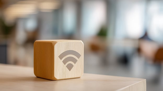 WiFi Symbol Representing Remote Work, Wireless Communication, Online Collaboration and Digital Connectivity in Modern Business Environments, Business Wooden Cube photo