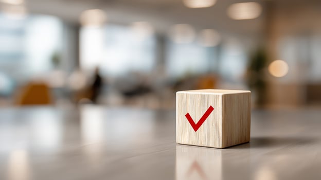 Checkmark Icon On Wooden Cube In Blurred Office Background Representing Task Completion, Approval, Productivity, And Business Efficiency, Business Wooden Cube photo