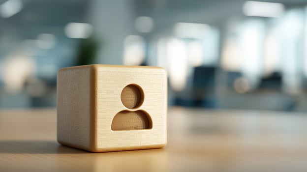 Person Icon On Wooden Cube In Blurred Office Background Representing Team Structure, Human Resources, Staff Management, And Workplace Identity photo