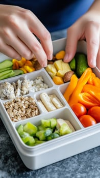 A vibrant and healthy meal prep bento box filled with fresh vegetables, assorted nuts, cheese, and grains, perfect for a balanced and nutritious lunch or snack on the go. photo