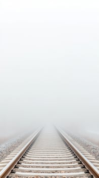 Misty Train Tracks Vanishing into the Horizon A Serene and Evocative Perspective of an Endless Railway Line Disappearing into Dense Fog photo