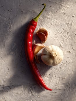Vibrant Display of Red Chili and Garlic Creates a Striking Still Life With Bold Shadows on a Textured Surface photo