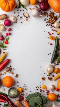 Fresh vegetables and fruits arranged on white background with vibrant colors photo