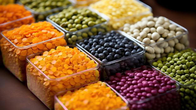 Colorful lentils in containers, showcasing variety and texture. photo