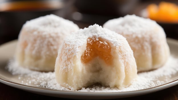 Three coconut puddings with a glimpse of the filling. photo
