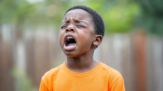 Child expressing cry emotions during outdoor playtime in a vibrant neighborhood setting photo