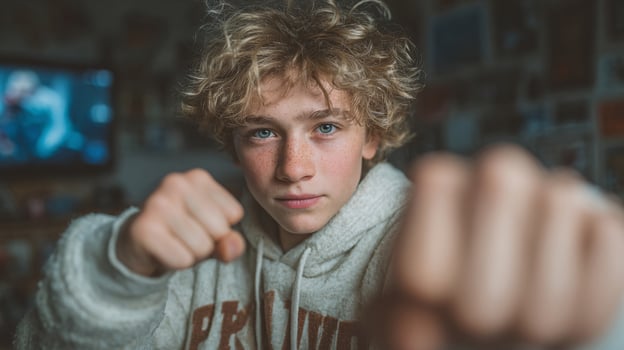 Teenager Engaged in an Enthralling Virtual Martial Arts Class Experience at Home photo