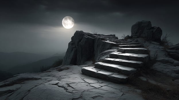 Mysterious stone steps leading upward under a bright full moon photo