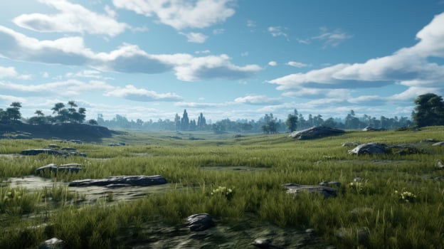 Vibrant green meadow landscape with scattered rocks and distant trees. photo
