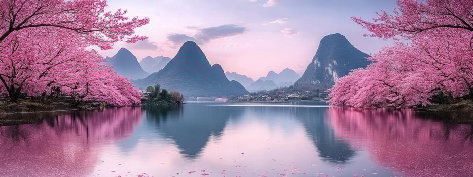Serene lake reflecting cherry blossoms and majestic mountains. photo