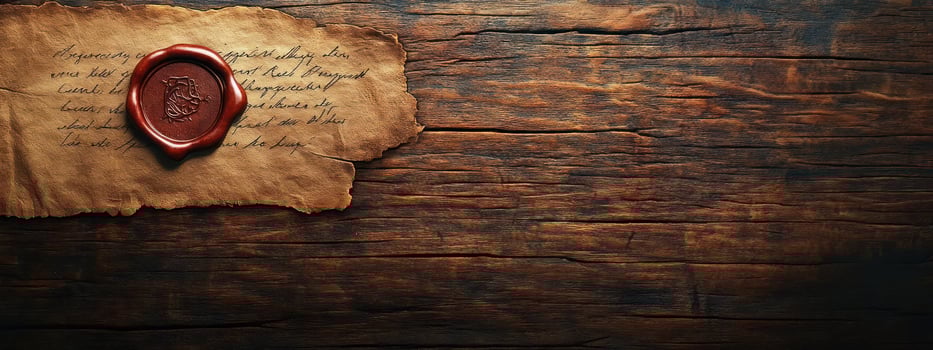 Vintage scroll with red wax seal on wooden background. photo