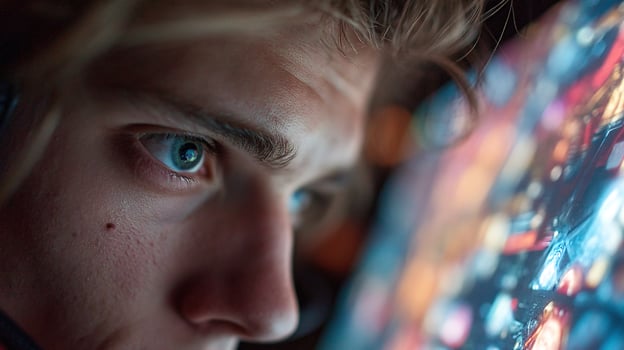 Professional Gamer Immersed in RGB-Lit Gaming Setup During Online Tournament photo
