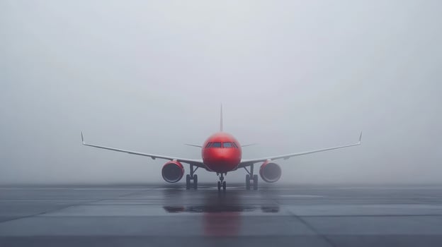 Fog envelops red airplane on runway during early morning at airport photo