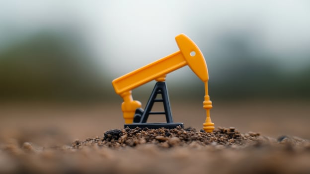Miniature oil pump jack model on sandy terrain during cloudy weather showcasing energy production and resource extraction photo