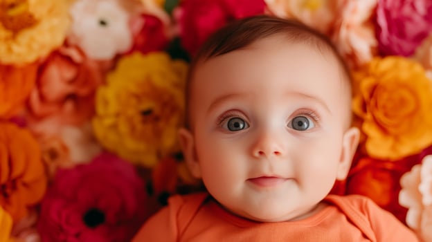 Baby lying on colorful flower petals with a joyful expression during a bright and cheerful moment in a floral setting photo