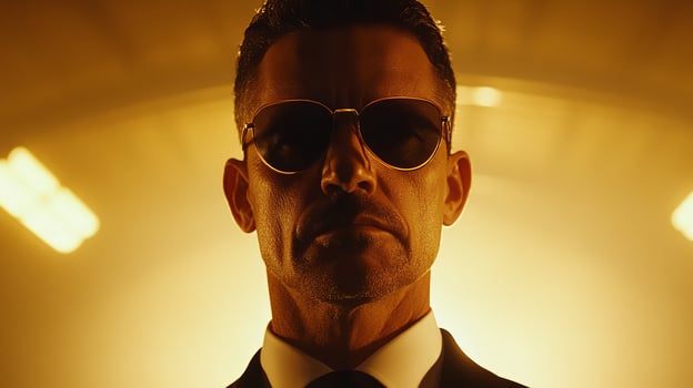 Confident man wearing sunglasses stands against dramatic golden backdrop in urban setting photo