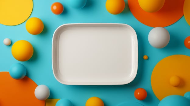 Colorful abstract composition with tray surrounded by vibrant geometric shapes on a blue background photo