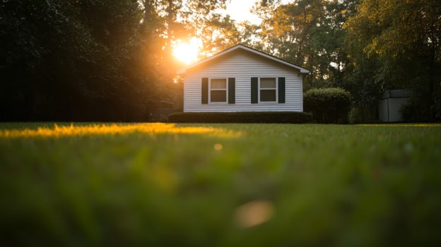 Sunset illuminating a quaint white house surrounded by lush greenery in a tranquil setting photo