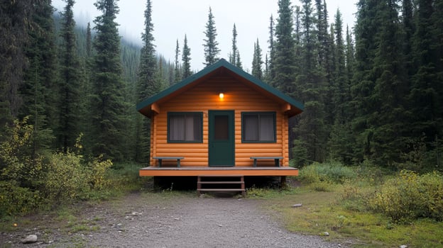 Cozy cabin nestled among tall evergreen trees in a tranquil forest setting during early morning light photo