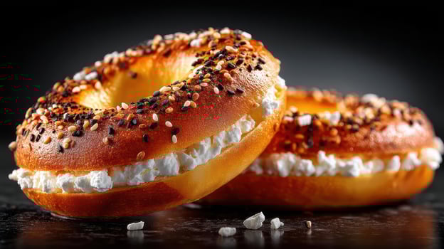 Two bagels with cream cheese on top photo