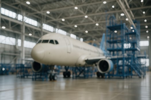 Airplane Inside Large Industrial Hangar with Scaffolding and Overhead Lights in a Busy Assembly Plant photo