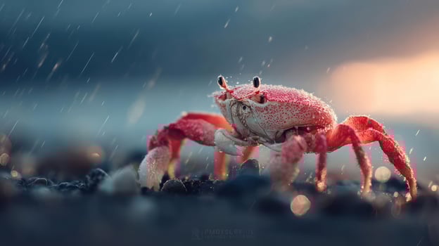Red crab in rain, detailed close-up, vibrant colors. photo
