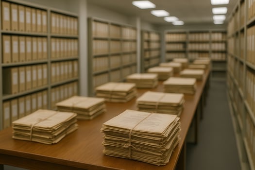 Vintage Archival Room With Organized Documents on Display Showcasing Rows of Historical Records and Files in Library Setting photo