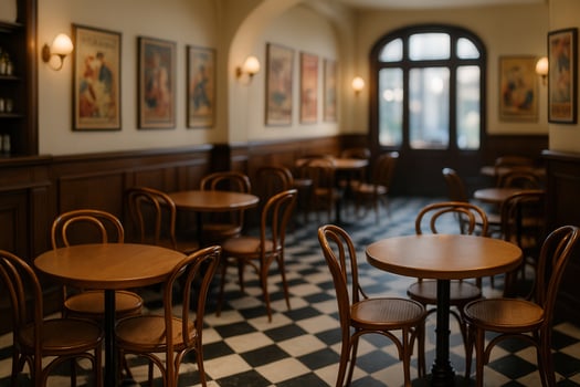 Vintage Bistro Interior with Wooden Furniture and Classic Lighting in Warm Cozy Atmosphere photo